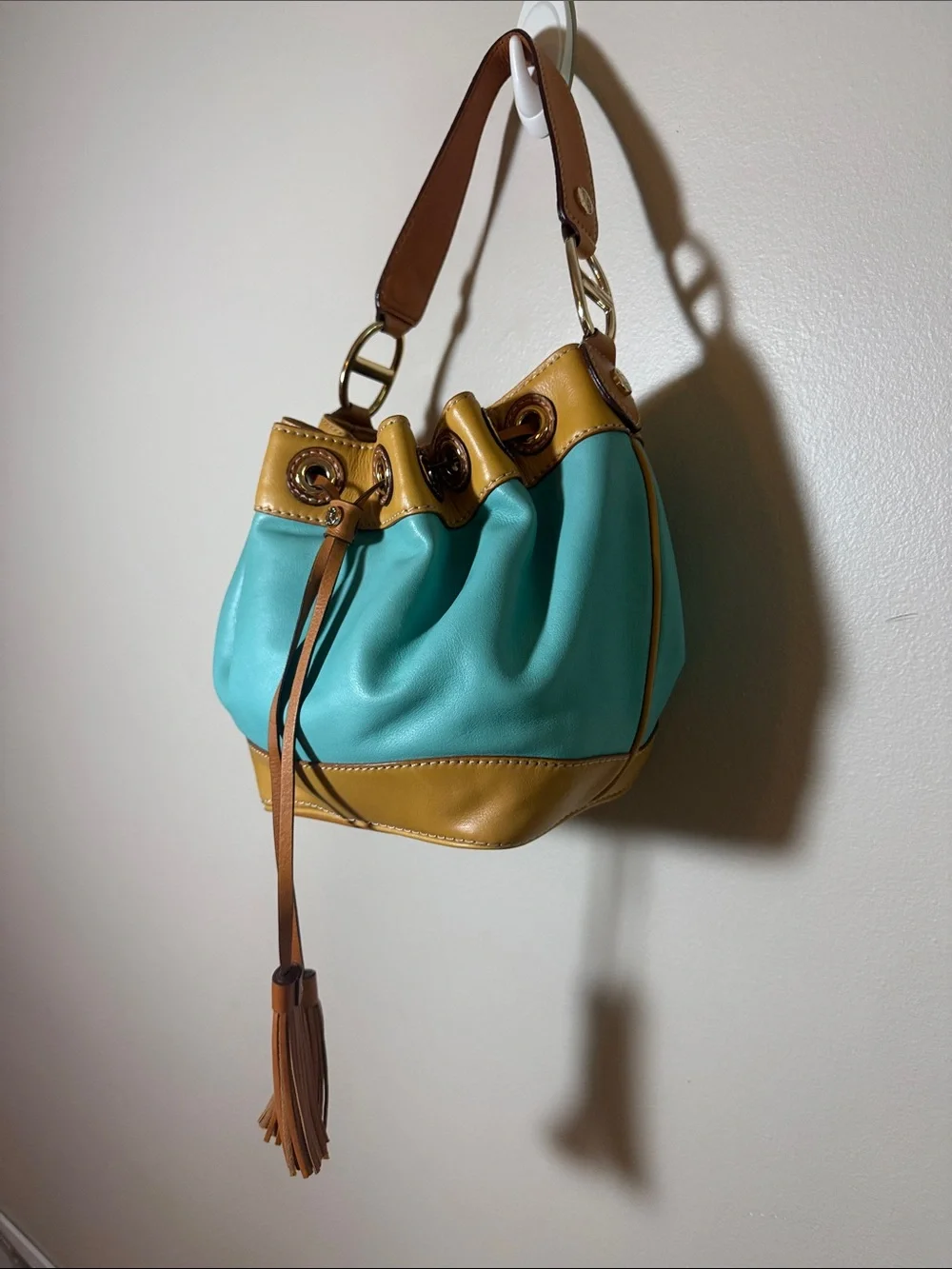 Turquoise & Tan Michael Kors Drawstring Bucket Bag - Women